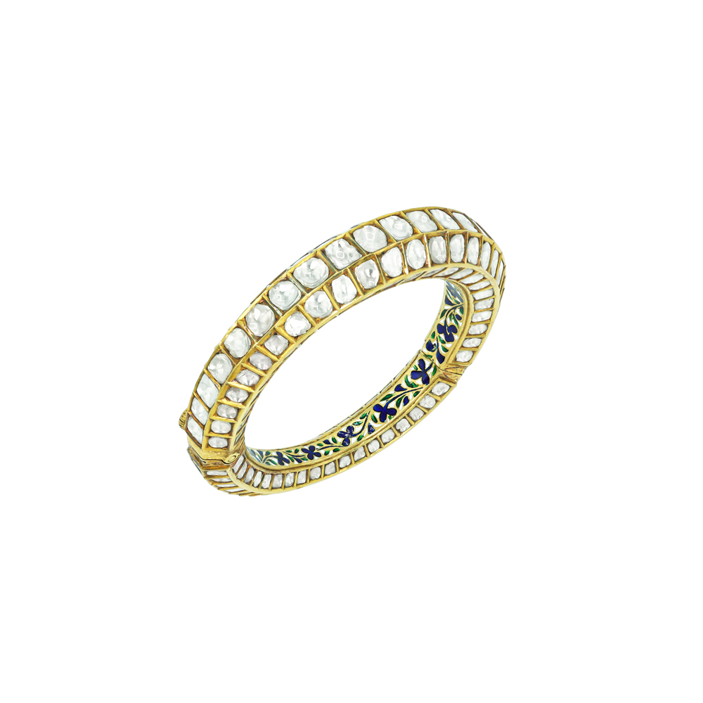 Triple-Row Polki Bangle with Blue Floral Enamel Detail